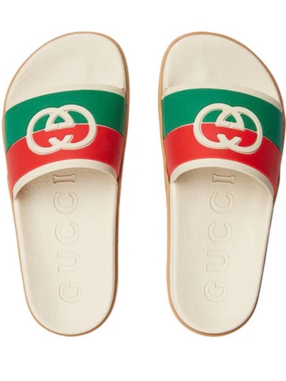 Gucci White Slide Sandals with Green & Red Stripe and GG Emblem - Picture 1 of 2